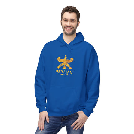Personalised Casual Unisex Fleece Hoodie with Bold Graphic Print. Classic Persian Shahbaz Falcon Design. Triple Print.