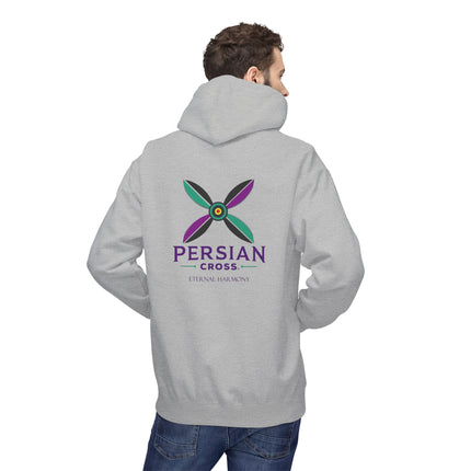 Personalised Casual Unisex Fleece Hoodie with Bold Graphic Print. Modern Persian Sassanid Cross. Triple Print.