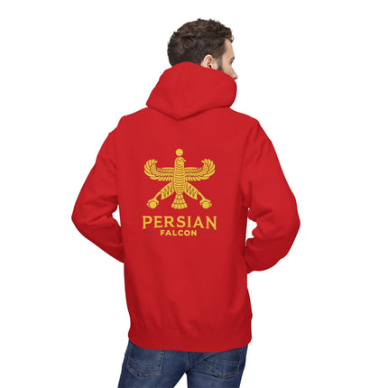 Personalised Casual Unisex Fleece Hoodie with Bold Graphic Print. Classic Persian Shahbaz Falcon Design. Triple Print.