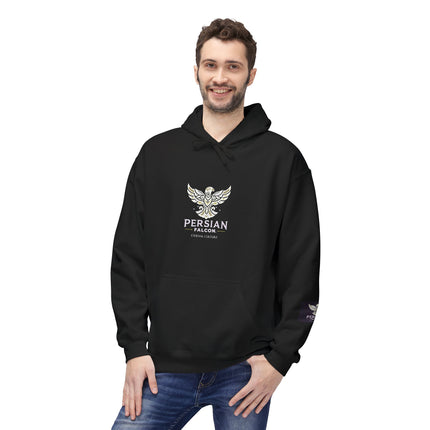 Personalised Casual Unisex Fleece Hoodie with Bold Graphic Print. Modern Persian Shahbaz Falcon Design. Triple Print.