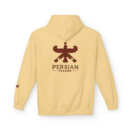 Personalised Casual Unisex Fleece Hoodie with Bold Graphic Print. Classic Persian Shahbaz Falcon Design. Triple Print.