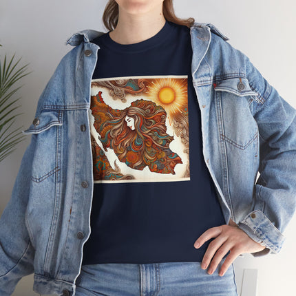 Personalised Persian Unisex T-Shirt – Rising Sun & Long Hair Design | Bohemian Freedom Culture Tee