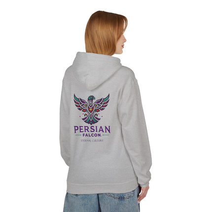 Personalised Casual Unisex Fleece Hoodie with Bold Graphic Print. Modern Persian Shahbaz Falcon Design. Triple Print.