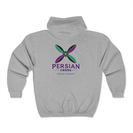 Personalised Unisex Heavy Blend™ Full Zip Hooded Sweatshirt. Modern Persian Sassanid CrossDesign.