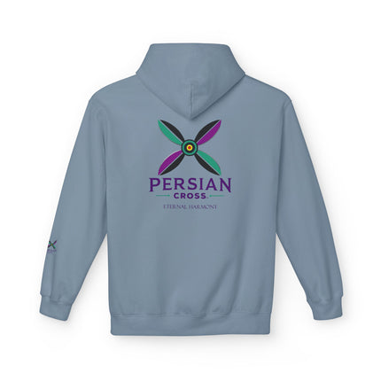 Personalised Casual Unisex Fleece Hoodie with Bold Graphic Print. Modern Persian Sassanid Cross. Triple Print.