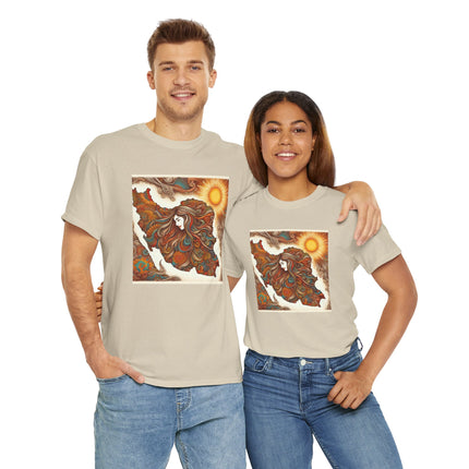 Personalised Persian Unisex T-Shirt – Rising Sun & Long Hair Design | Bohemian Freedom Culture Tee