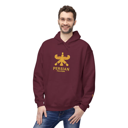 Personalised Casual Unisex Fleece Hoodie with Bold Graphic Print. Classic Persian Shahbaz Falcon Design. Triple Print.