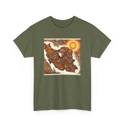 Personalised Persian Unisex T-Shirt – Rising Sun & Long Hair Design | Bohemian Freedom Culture Tee