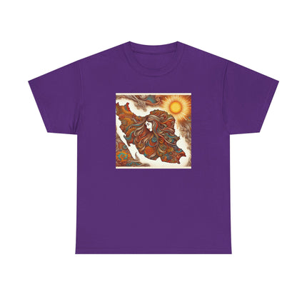 Personalised Persian Unisex T-Shirt – Rising Sun & Long Hair Design | Bohemian Freedom Culture Tee