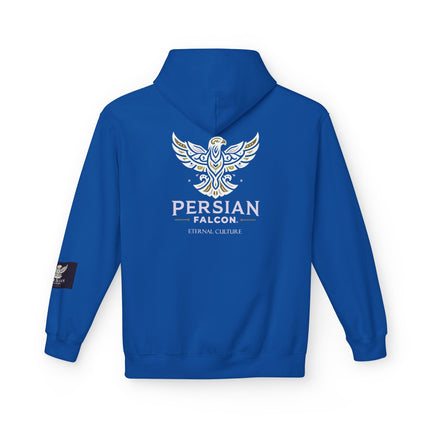 Personalised Casual Unisex Fleece Hoodie with Bold Graphic Print. Modern Persian Shahbaz Falcon Design. Triple Print.