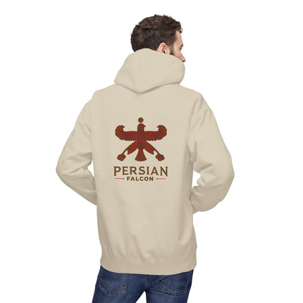 Personalised Casual Unisex Fleece Hoodie with Bold Graphic Print. Classic Persian Shahbaz Falcon Design. Triple Print.