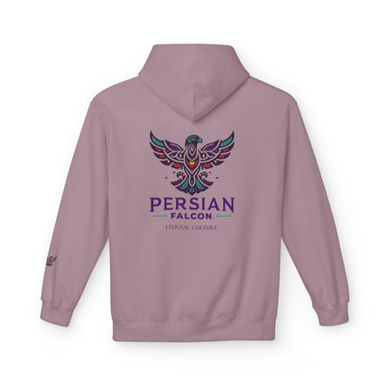 Personalised Casual Unisex Fleece Hoodie with Bold Graphic Print. Modern Persian Shahbaz Falcon Design. Triple Print.