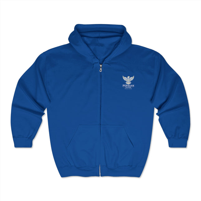 Personalised Unisex Heavy Blend™ Full Zip Hooded Sweatshirt. Modern Persian Shahbaz Falcon Design.