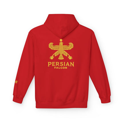 Personalised Casual Unisex Fleece Hoodie with Bold Graphic Print. Classic Persian Shahbaz Falcon Design. Triple Print.