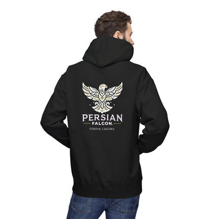 Personalised Casual Unisex Fleece Hoodie with Bold Graphic Print. Modern Persian Shahbaz Falcon Design. Triple Print.