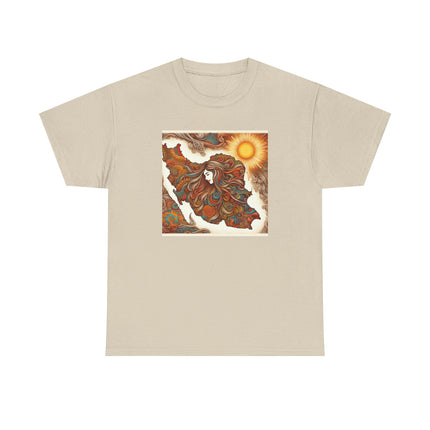 Personalised Persian Unisex T-Shirt – Rising Sun & Long Hair Design | Bohemian Freedom Culture Tee