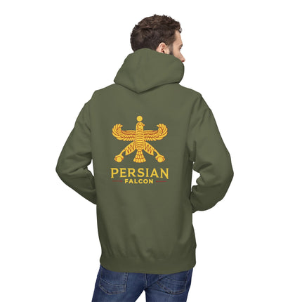 Personalised Casual Unisex Fleece Hoodie with Bold Graphic Print. Classic Persian Shahbaz Falcon Design. Triple Print.