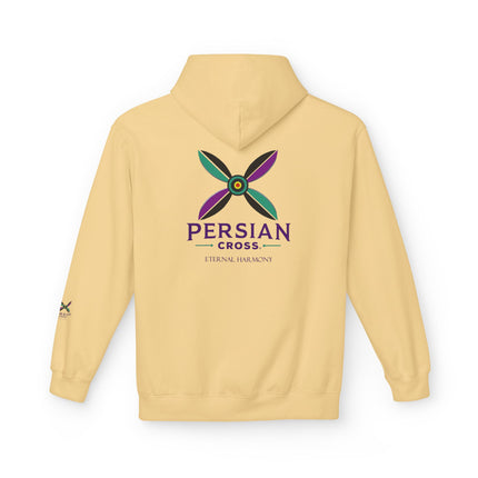 Personalised Casual Unisex Fleece Hoodie with Bold Graphic Print. Modern Persian Sassanid Cross. Triple Print.