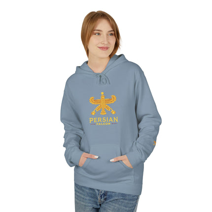 Personalised Casual Unisex Fleece Hoodie with Bold Graphic Print. Classic Persian Shahbaz Falcon Design. Triple Print.