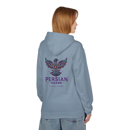 Personalised Casual Unisex Fleece Hoodie with Bold Graphic Print. Modern Persian Shahbaz Falcon Design. Triple Print.