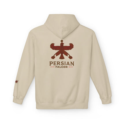 Personalised Casual Unisex Fleece Hoodie with Bold Graphic Print. Classic Persian Shahbaz Falcon Design. Triple Print.