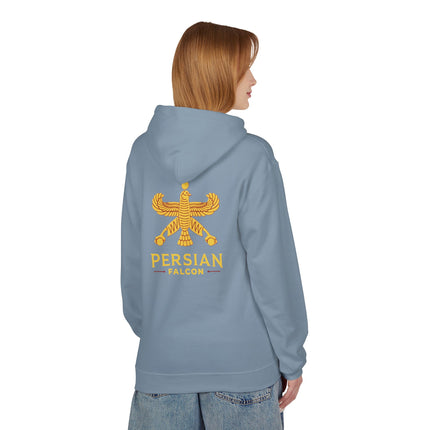 Personalised Casual Unisex Fleece Hoodie with Bold Graphic Print. Classic Persian Shahbaz Falcon Design. Triple Print.