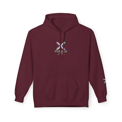 Personalised Casual Unisex Fleece Hoodie with Bold Graphic Print. Modern Persian Sassanid Cross. Triple Print.