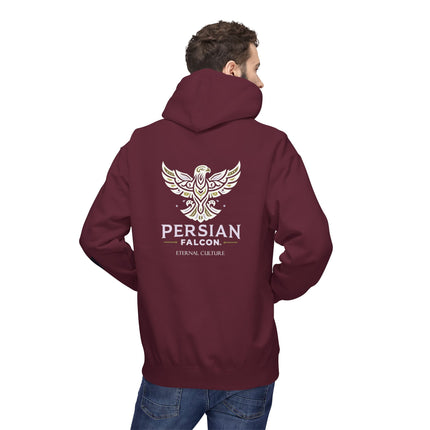 Personalised Casual Unisex Fleece Hoodie with Bold Graphic Print. Modern Persian Shahbaz Falcon Design. Triple Print.