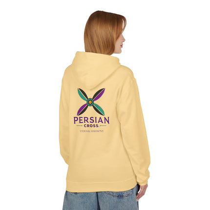 Personalised Casual Unisex Fleece Hoodie with Bold Graphic Print. Modern Persian Sassanid Cross. Triple Print.
