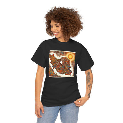 Personalised Persian Unisex T-Shirt – Rising Sun & Long Hair Design | Bohemian Freedom Culture Tee