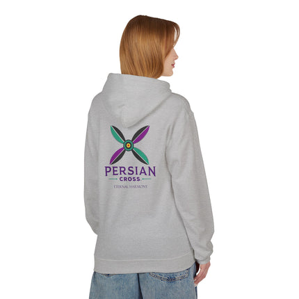 Personalised Casual Unisex Fleece Hoodie with Bold Graphic Print. Modern Persian Sassanid Cross. Triple Print.