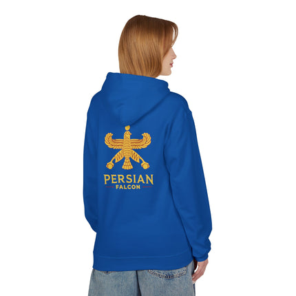 Personalised Casual Unisex Fleece Hoodie with Bold Graphic Print. Classic Persian Shahbaz Falcon Design. Triple Print.