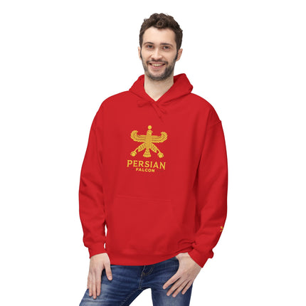 Personalised Casual Unisex Fleece Hoodie with Bold Graphic Print. Classic Persian Shahbaz Falcon Design. Triple Print.