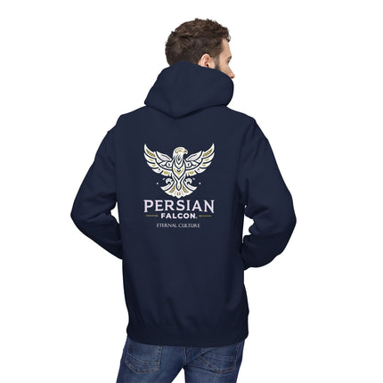 Personalised Casual Unisex Fleece Hoodie with Bold Graphic Print. Modern Persian Shahbaz Falcon Design. Triple Print.