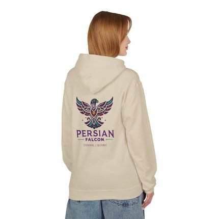 Personalised Casual Unisex Fleece Hoodie with Bold Graphic Print. Modern Persian Shahbaz Falcon Design. Triple Print.