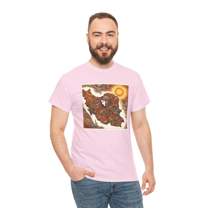 Personalised Persian Unisex T-Shirt – Rising Sun & Long Hair Design | Bohemian Freedom Culture Tee