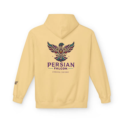 Personalised Casual Unisex Fleece Hoodie with Bold Graphic Print. Modern Persian Shahbaz Falcon Design. Triple Print.