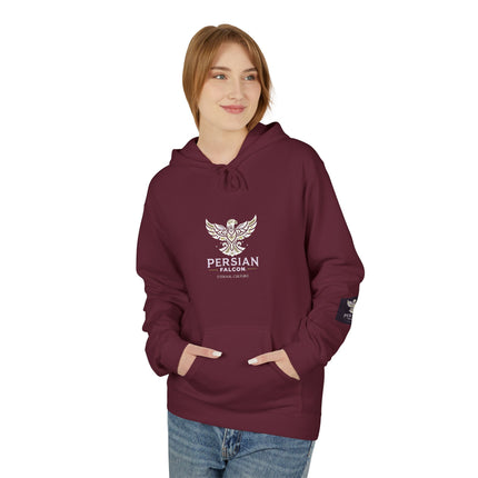 Personalised Casual Unisex Fleece Hoodie with Bold Graphic Print. Modern Persian Shahbaz Falcon Design. Triple Print.
