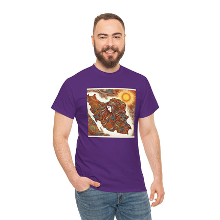 Personalised Persian Unisex T-Shirt – Rising Sun & Long Hair Design | Bohemian Freedom Culture Tee