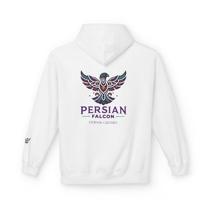 Personalised Casual Unisex Fleece Hoodie with Bold Graphic Print. Modern Persian Shahbaz Falcon Design. Triple Print.