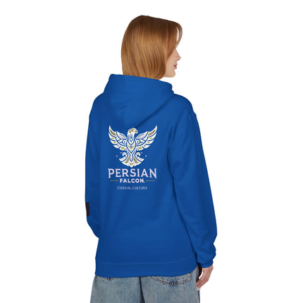 Personalised Casual Unisex Fleece Hoodie with Bold Graphic Print. Modern Persian Shahbaz Falcon Design. Triple Print.