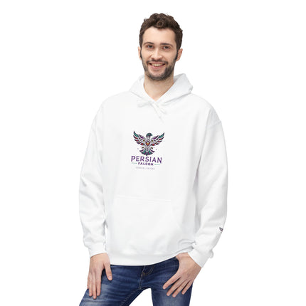 Personalised Casual Unisex Fleece Hoodie with Bold Graphic Print. Modern Persian Shahbaz Falcon Design. Triple Print.