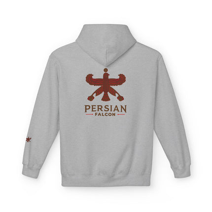 Personalised Casual Unisex Fleece Hoodie with Bold Graphic Print. Classic Persian Shahbaz Falcon Design. Triple Print.