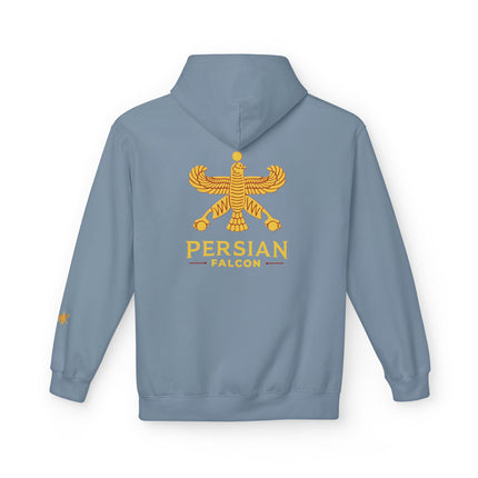 Personalised Casual Unisex Fleece Hoodie with Bold Graphic Print. Classic Persian Shahbaz Falcon Design. Triple Print.
