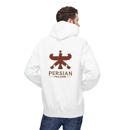Personalised Casual Unisex Fleece Hoodie with Bold Graphic Print. Classic Persian Shahbaz Falcon Design. Triple Print.