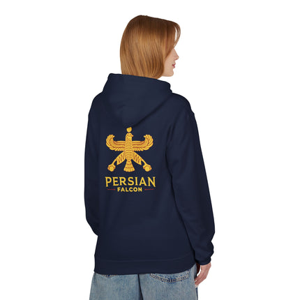 Personalised Casual Unisex Fleece Hoodie with Bold Graphic Print. Classic Persian Shahbaz Falcon Design. Triple Print.