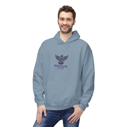 Personalised Casual Unisex Fleece Hoodie with Bold Graphic Print. Modern Persian Shahbaz Falcon Design. Triple Print.