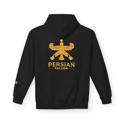 Personalised Casual Unisex Fleece Hoodie with Bold Graphic Print. Classic Persian Shahbaz Falcon Design. Triple Print.