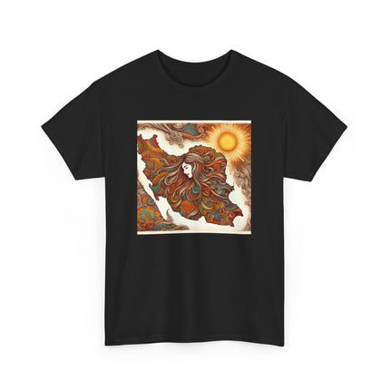 Personalised Persian Unisex T-Shirt – Rising Sun & Long Hair Design | Bohemian Freedom Culture Tee