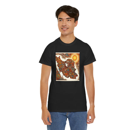 Personalised Persian Unisex T-Shirt – Rising Sun & Long Hair Design | Bohemian Freedom Culture Tee